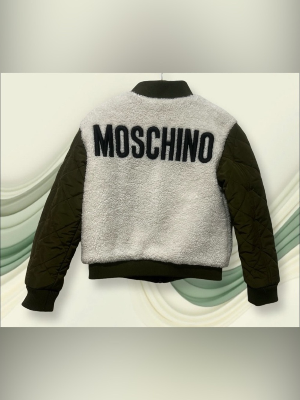 Moschino Kids Cream Sherpa Bomber with Olive Quilted Sleeves